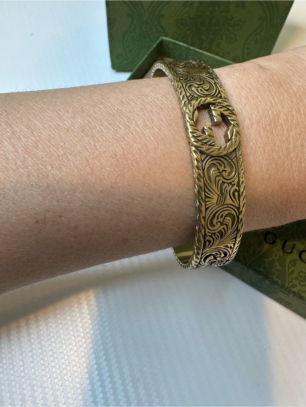 Gucci Gold-Tone Engraved Hinge Bracelet with Signature Cutout